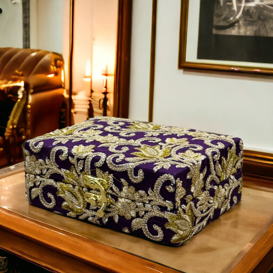 Hand Made Embroidered Jewellery Box-Purple