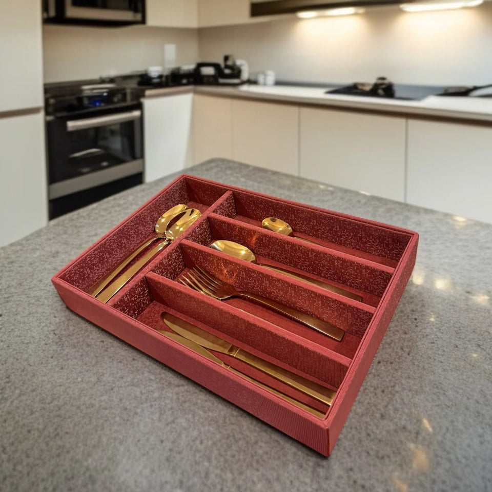5 Grid Leather Cutlery Holder-Mehroon