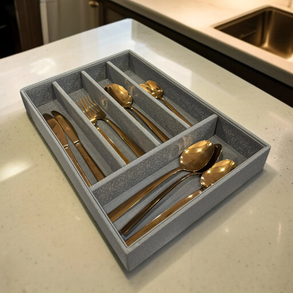 5 Grid Leather Cutlery Holder-Grey
