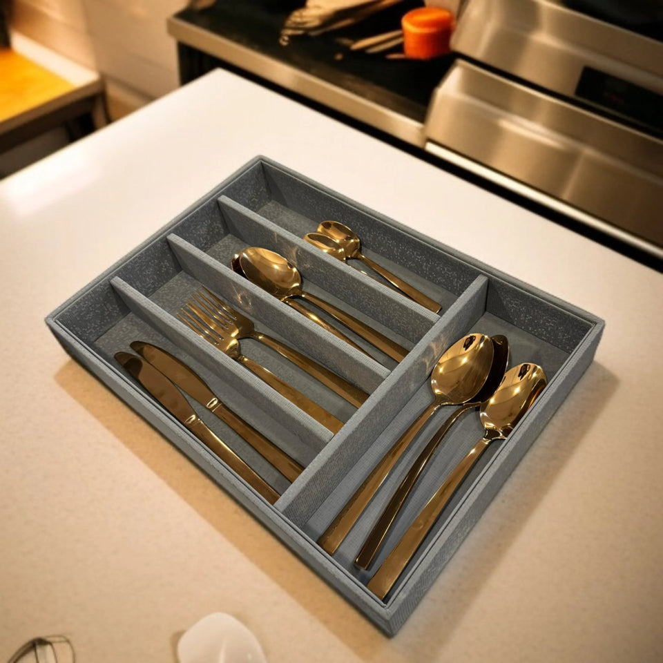 5 Grid Leather Cutlery Holder-Grey