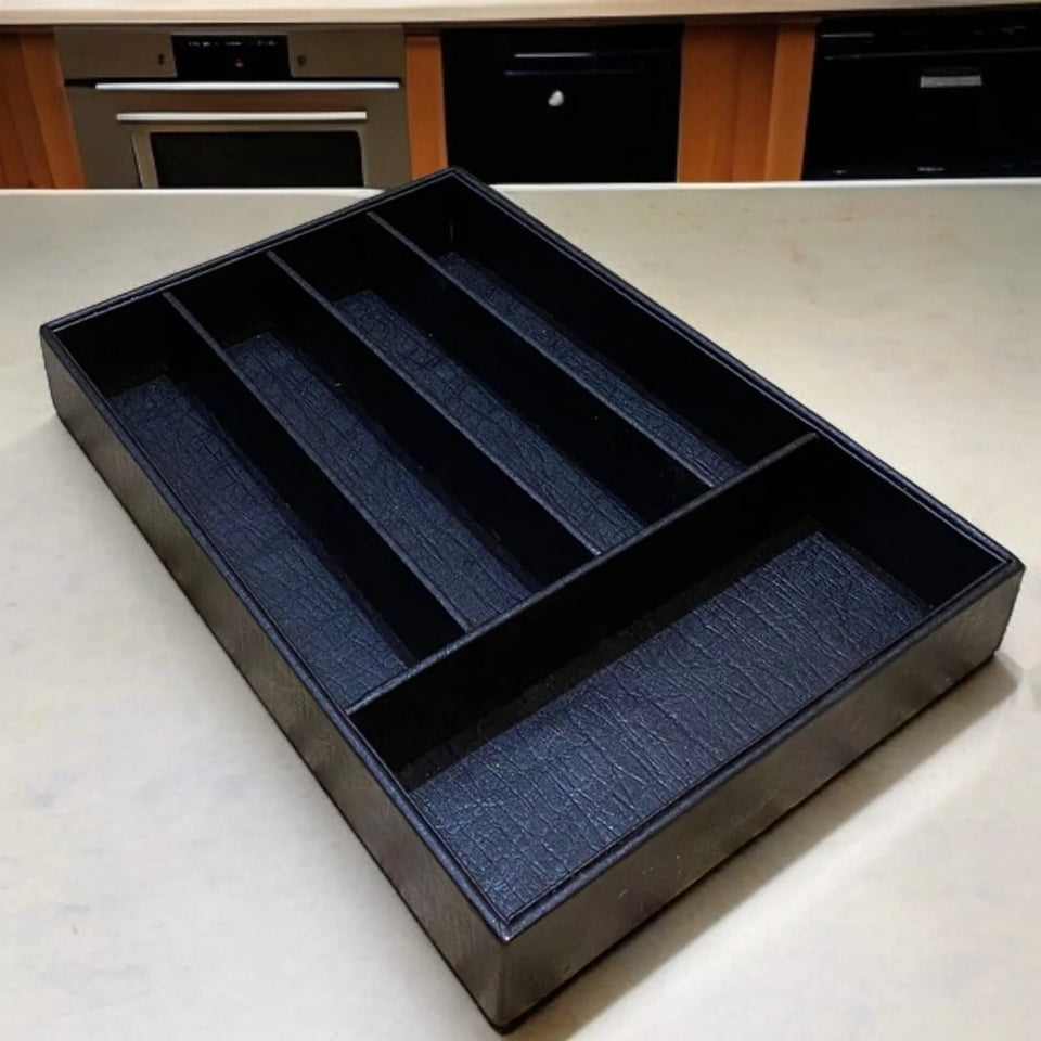 5 Grid Leather Cutlery Holder-Black