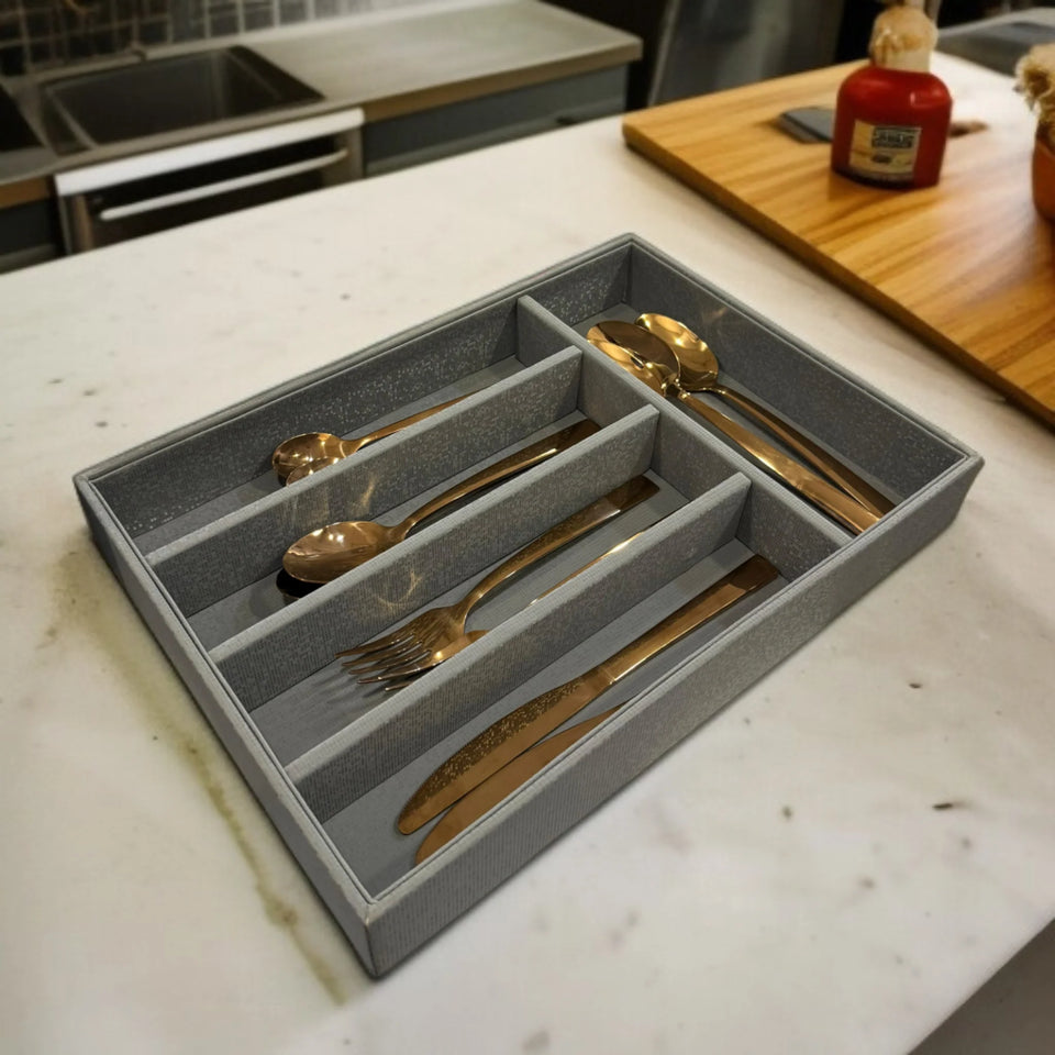 5 Grid Leather Cutlery Holder-Grey